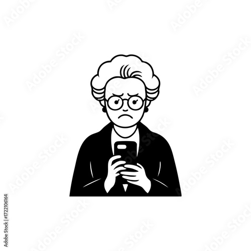 Senior woman with glasses frowning at smartphone, representing technology stress and generational digital struggles.
