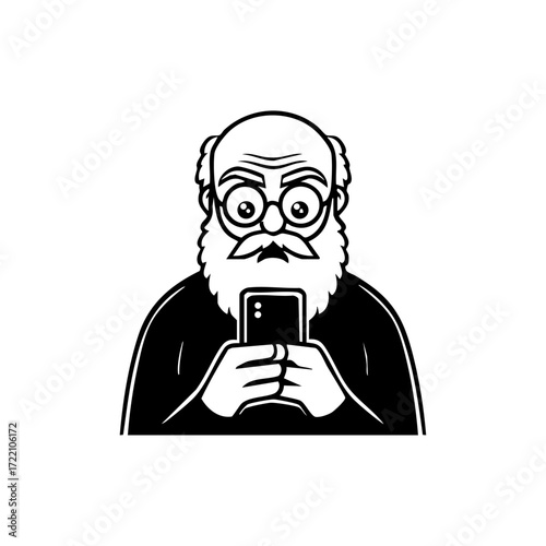 Older man with glasses and beard staring intensely at smartphone, symbolizing difficulty adapting to digital tools.