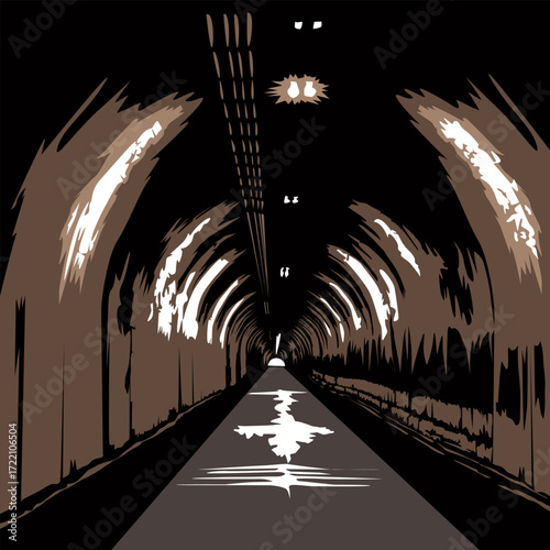 Vector illustration of a dark tunnel with light and reflections on the ground in brown tones, for your underground style illustrations