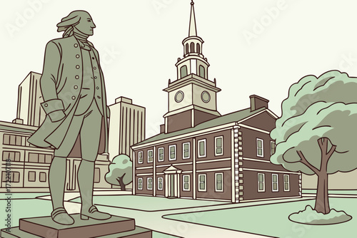 Benjamin Franklin Statue in Philadelphia, Pennsylvania, bronze figure in colonial attire near historic square