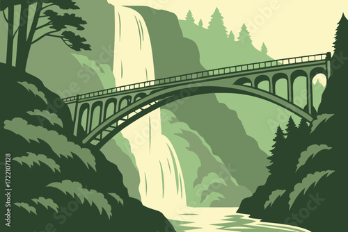 Benson Bridge in Oregon, iconic arched footbridge between tiers of Multnomah Falls with mist swirling