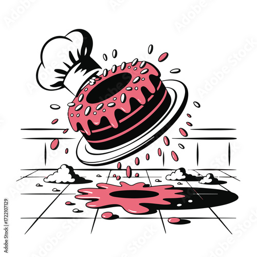 Whimsical illustration of a chef s hat topping a bundt cake mid air as it splatters pink frosting onto a tiled floor