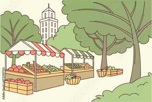 Berkeley Farmers Market in California, organic produce and handmade goods under leafy green canopies