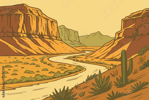 Big Bend Desert Meadows in Texas, desert grasslands dotted with cacti and rugged mountains
