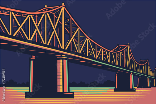 Big Four Bridge in Louisville, Kentucky, converted pedestrian span glowing with rainbow lights at night