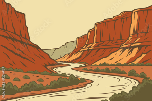 Big Horn River in Wyoming, winding canyon river with steep red cliffs and desert vegetation