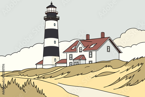 Big Sable Point Lighthouse in Ludington, Michigan, tall black-and-white tower standing on sandy dunes