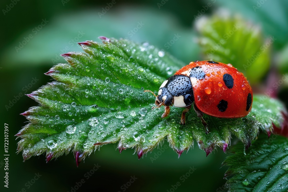 Obraz premium Ladybug on dewy green leaf macro photography