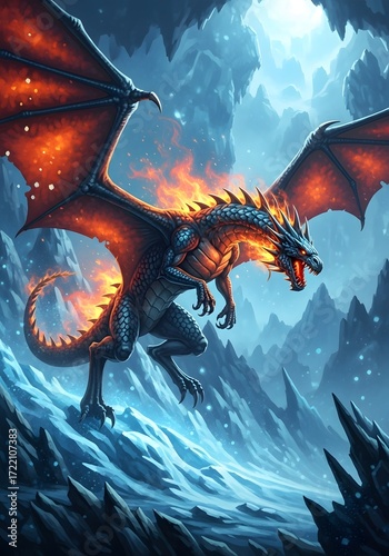 Fiery dragon soaring above icy landscape with wings ablaze in fantasy world setting