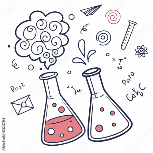 Two Science Beakers with Liquid and Bubbles Hand-Drawn Style.