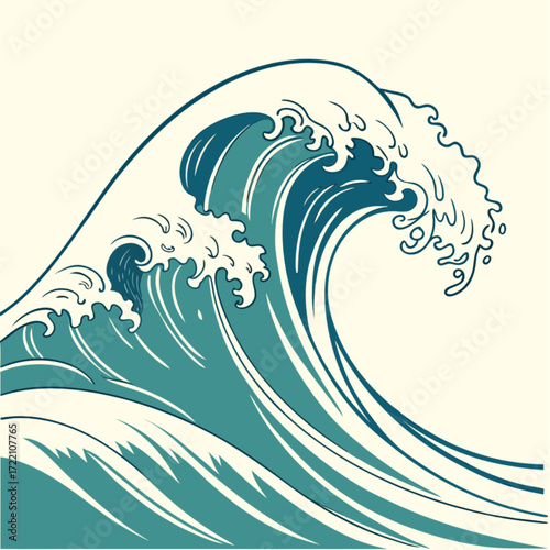 Great ocean wave in a traditional Japanese woodblock print style with curling foam crest.