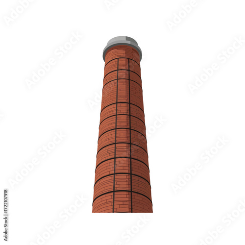 Tall industrial brick chimney smokestack with robust metal bands, rising against a clear white sky, representing factory architecture and energy production.