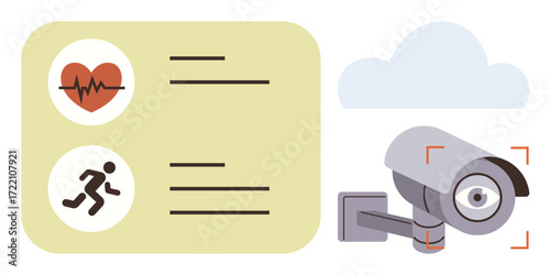 Security camera observing with focus on health-related data, featuring heart rate icon and movement tracking. Ideal for health monitoring, surveillance, fitness tracking, technology, security, data