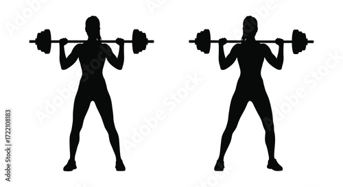 Silhouette of a weightlifter performing a barbell squat exercise twice