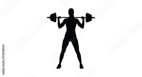 Silhouette of a weightlifter performing a barbell squat exercise indoors