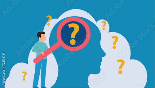 Doctor analyzing a human brain with a magnifying glass. Neurologist or scientist cartoon researching a neuronal network. Psychology, neuroscience, and mental health concept