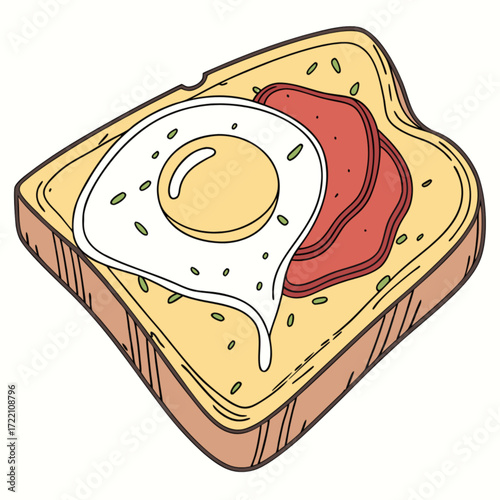 Illustrated slice of toast topped with a sunny-side up fried egg ham and herbs.