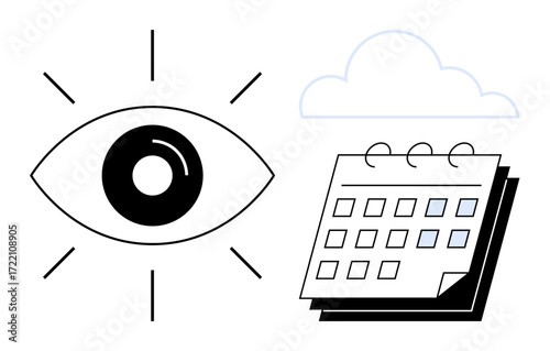 Eye with radiating lines symbolizes insight, calendar for organization, and cloud for ideas. Ideal for concepts thumbs up strategy, creativity, productivity, scheduling, management, inspiration