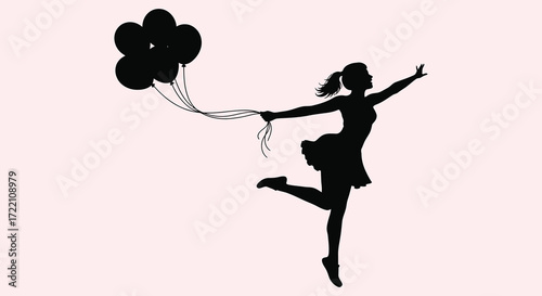Silhouette of a girl jumping with black balloons against a pink background