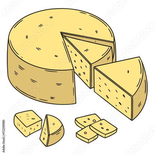 Cartoon Cheese Wheel with Slices Yellow Color Holes and Black Outline.