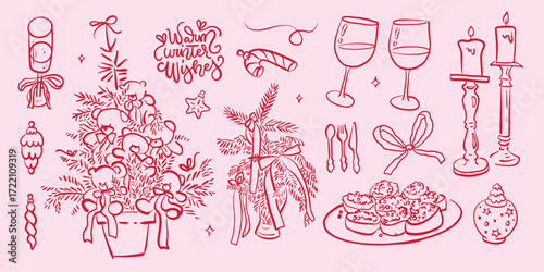 Set of coquette hand drawn Christmas doodles in engraving linear sketch style. Vintage ink drawings of fir branches, xmas tree with teddies, candlesticks, caviar, wine glasses, bauble toys. Vector