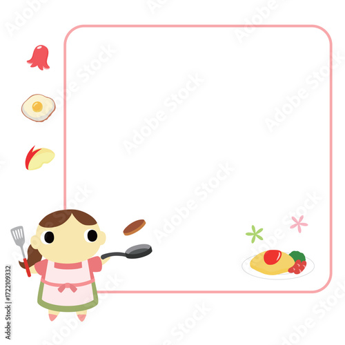 料理をするエプロン姿の女性　フレーム＋装飾付