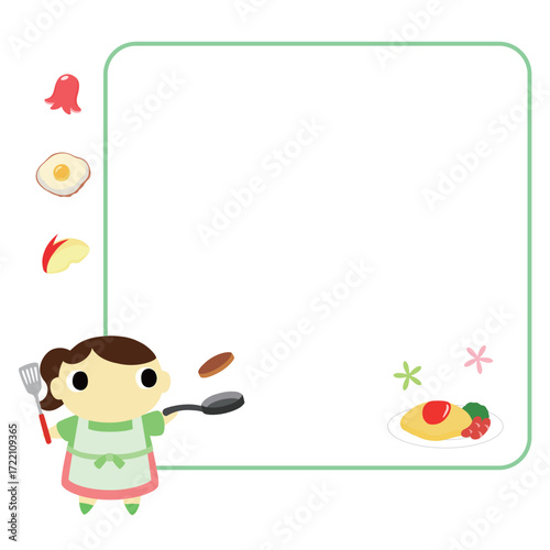 料理をするエプロン姿の女性　フレーム＋装飾付