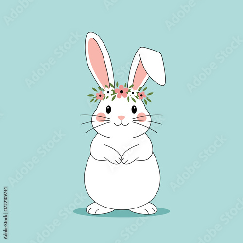 An adorable fluffy white bunny wearing a delicate flower crown sits patiently on a soft pastel blue background with its paws neatly folded.