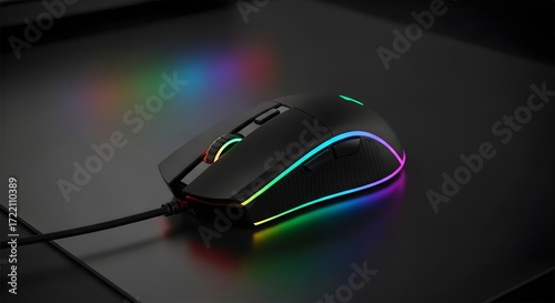 Illuminated gaming mouse on a dark surface with a colorful reflection on the table