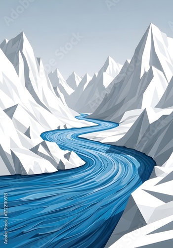 Icy mountain range landscape with a flowing river cutting through the snowy peaks and valleys