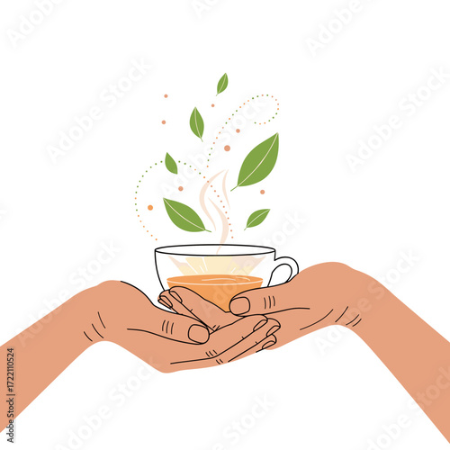 A warm cup of herbal tea is held gently in cupped hands releasing aromatic steam and leaves.