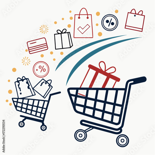 Two Shopping Carts Overflowing with Gifts Presents and Shopping Bags.