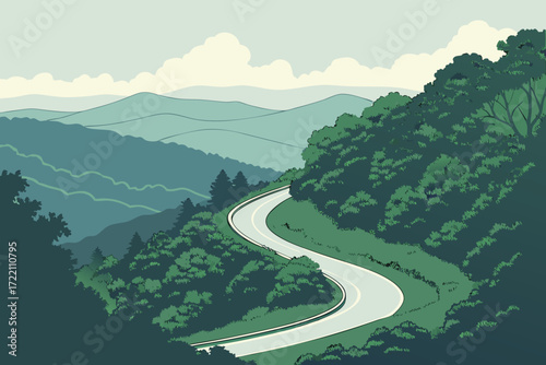 Blue Ridge Parkway in Virginia, winding road with sweeping views of Appalachian Mountains