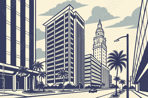 Brickell Avenue in Miami, Florida, sleek glass skyscrapers lining financial district street