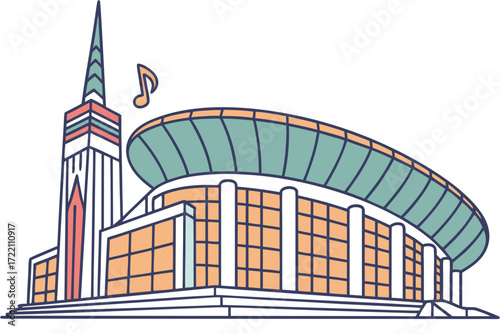 Bridgestone Arena in Nashville, Tennessee, sweeping arena with tower spire and music note accents