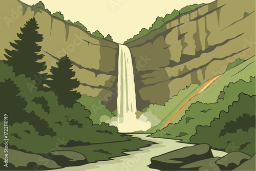 Bridal Veil Falls in Provo Canyon, Utah, double cataract plunging 600 feet into the canyon with rainbow mist