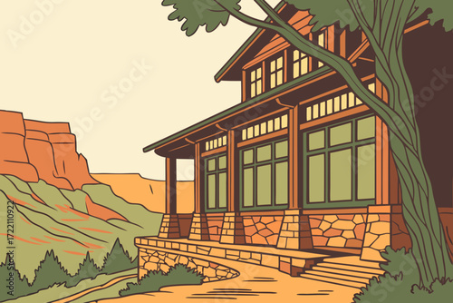 Bright Angel Lodge in Grand Canyon, Arizona, log-and-stone structure with canyon views