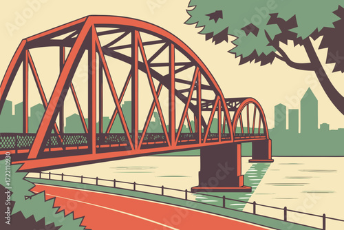 Broadway Bridge in Portland, Oregon, red steel truss drawbridge spanning the Willamette with bike lanes