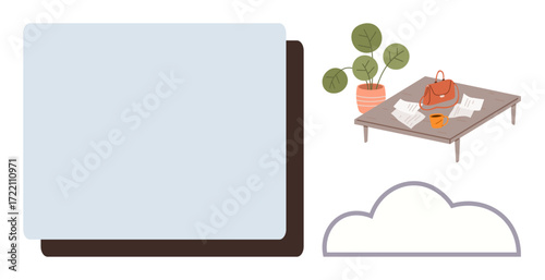 Rectangular table with scattered documents, coffee mug, handbag, potted plant. Cloud motif nearby, clean rectangles emphasize minimalism. Ideal for workspace, creativity, productivity organization