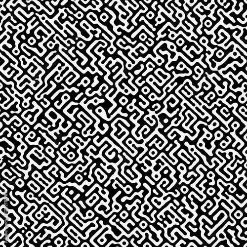 An intricate maze-like pattern of interconnected black and white shapes creating a complex visual texture.