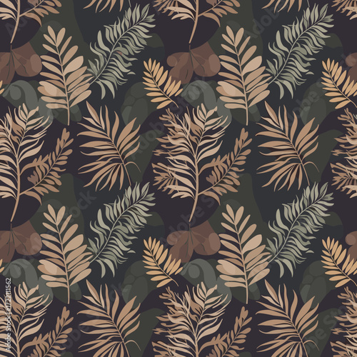 A repeating pattern of stylized palm leaves in muted earthy tones on a dark background.