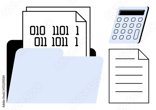Binary code papers in folder, calculator, plain text paper representing data organization, calculation, coding, archiving, digital documentation, recordkeeping financial management. Simple flat