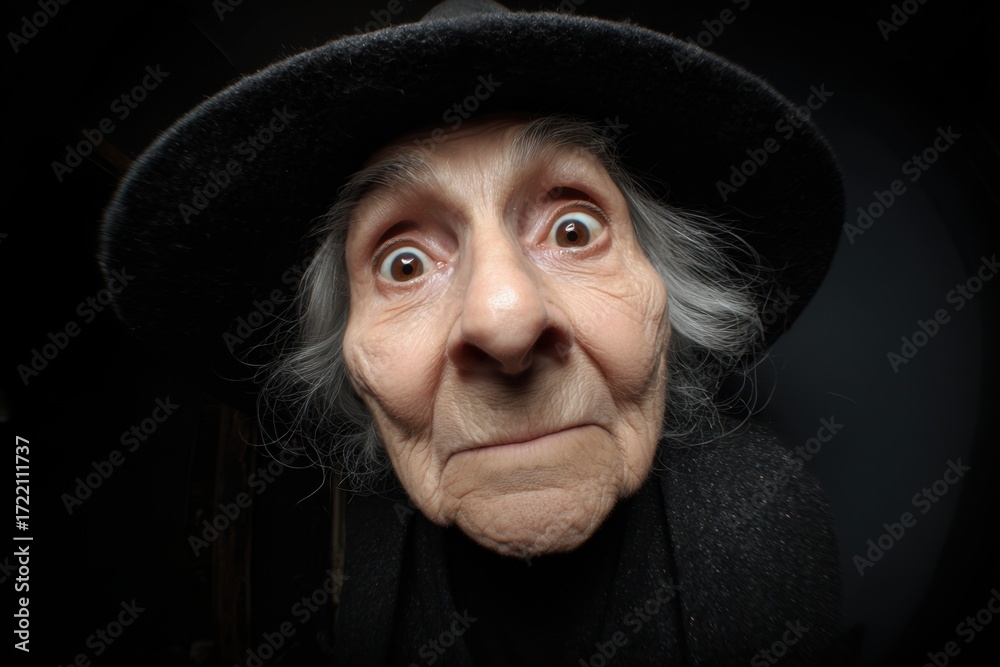 Naklejka premium Funny close-up portrait of an old witch with shocked expression, seen through a door peephole viewer on black background. Ideal for Halloween humor, fantasy posters, costumes, and playful spooky art.