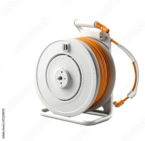 Retractible hose reel, outdoor, garden, storage, white, orange, spring, coiled, equipment, irrigation