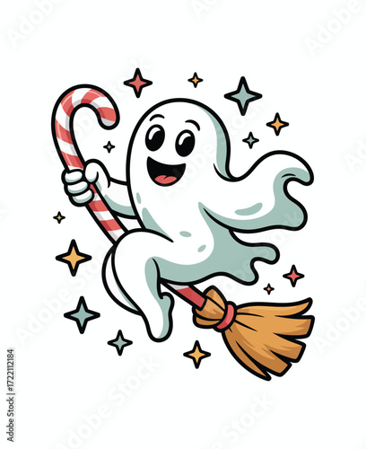 Candy Cane Ghost In Cosmic Night With Magical Halloween Stars  