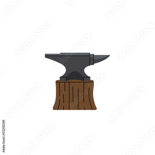 Heavy traditional blacksmith anvil tool on a sturdy wooden stump ready for metalworking and crafting