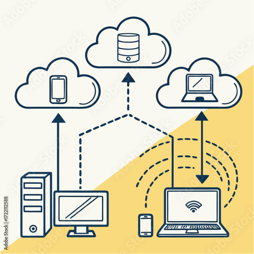 Modern outline illustration of cloud computing network data storage and device synchronization.