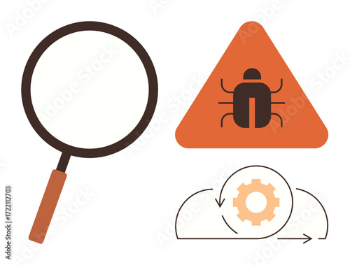 Magnifying glass, triangular bug warning sign, and gear with circular arrows represent debugging, software analysis, and iterative processes. Ideal for coding, QA, error identification