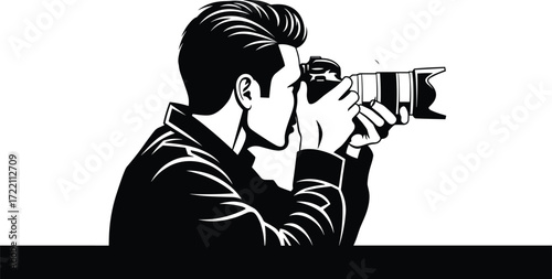 Photographer taking picture with DSLR camera, black and white vector illustration, profile view, artistic photography concept, focused moment, creative lifestyle drawing