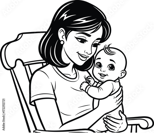Mother holding baby in rocking chair, black and white vector illustration, emotional bonding moment, peaceful parenting scene, nurturing love, family care drawing